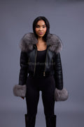 Women's Aurora Crop Sheepskin Jacket With Fox [Black/Silver]