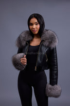 Women's Aurora Crop Sheepskin Jacket With Fox [Black/Silver]