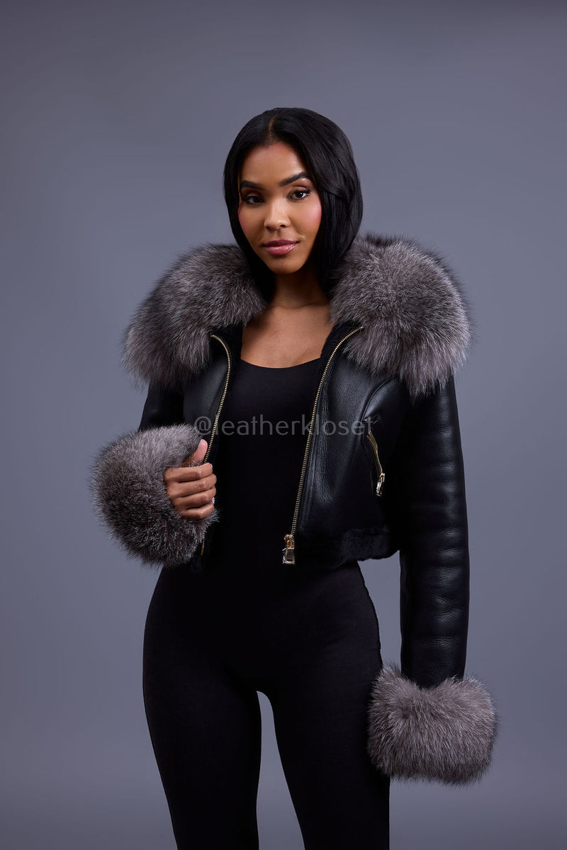 Women's Aurora Crop Sheepskin Jacket With Fox [Black/Silver]