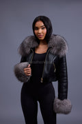 Women's Aurora Crop Sheepskin Jacket With Fox [Black/Silver]