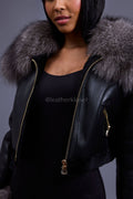 Women's Aurora Crop Sheepskin Jacket With Fox [Black/Silver]