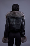 Women's Aurora Crop Sheepskin Jacket With Fox [Black/Silver]
