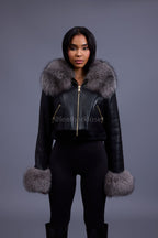 Women's Aurora Crop Sheepskin Jacket With Fox [Black/Silver]