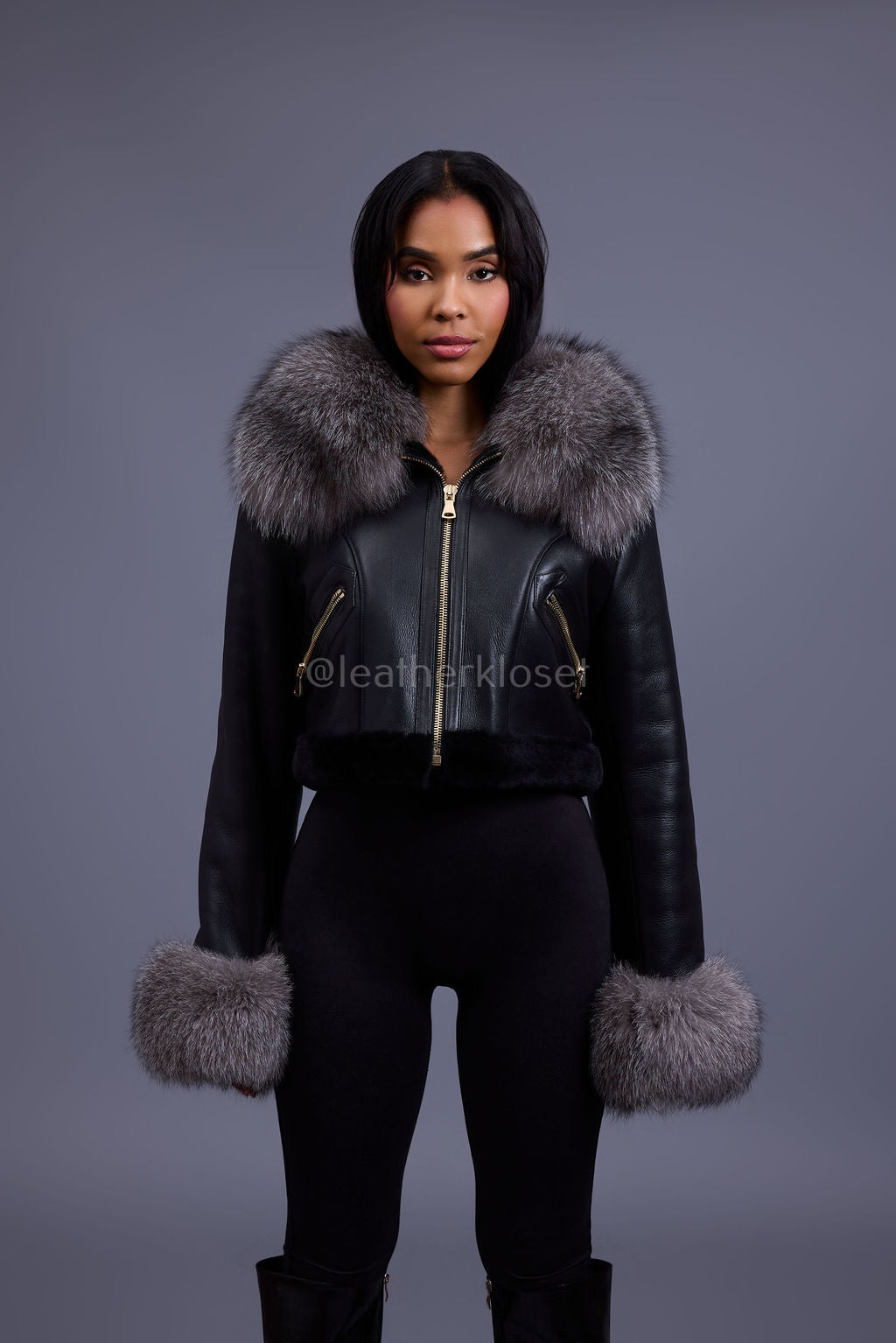 Women's Aurora Crop Sheepskin Jacket With Fox [Black/Silver]