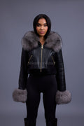 Women's Aurora Crop Sheepskin Jacket With Fox [Black/Silver]