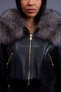Women's Aurora Crop Sheepskin Jacket With Fox [Black/Silver]