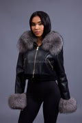 Women's Aurora Crop Sheepskin Jacket With Fox [Black/Silver]