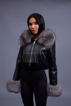 Women's Aurora Crop Sheepskin Jacket With Fox [Black/Silver]