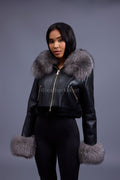 Women's Aurora Crop Sheepskin Jacket With Fox [Black/Silver]