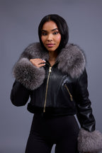 Women's Aurora Crop Sheepskin Jacket With Fox [Black/Silver]