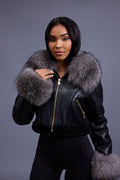 Women's Aurora Crop Sheepskin Jacket With Fox [Black/Silver]