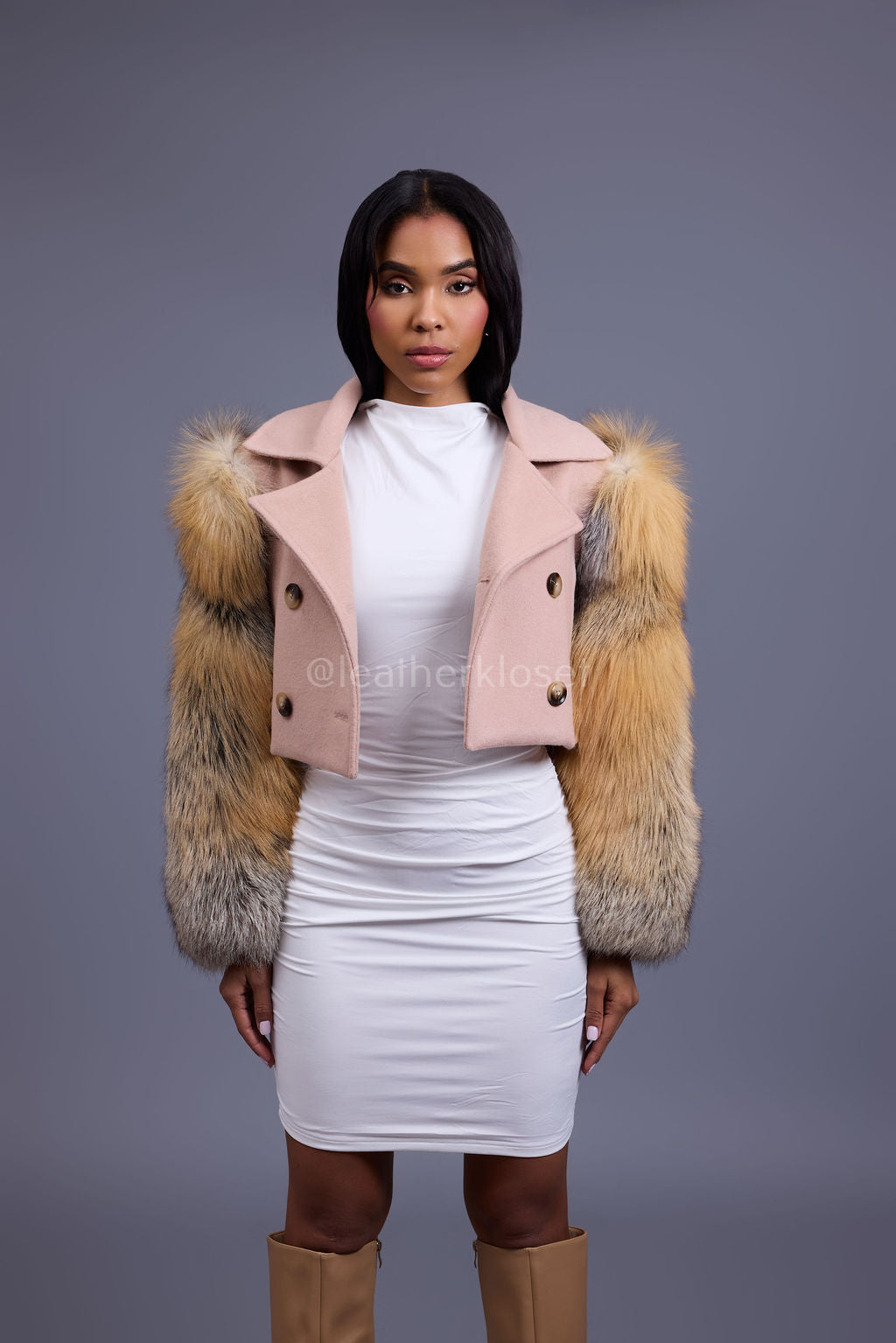 Women's Cashmere Biker With Fox Sleeve [Pink/Gold]