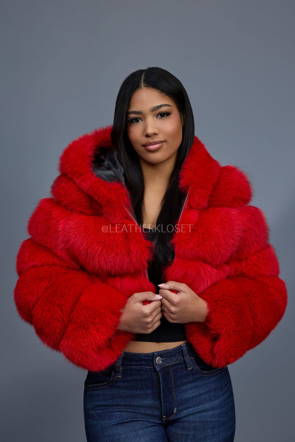 Women's Crop Fox Bomber With Hood [Red]