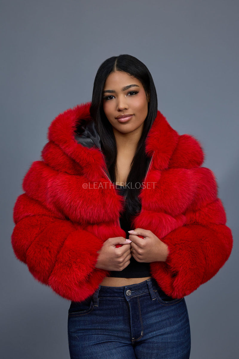 Women's Crop Fox Bomber With Hood [Red]