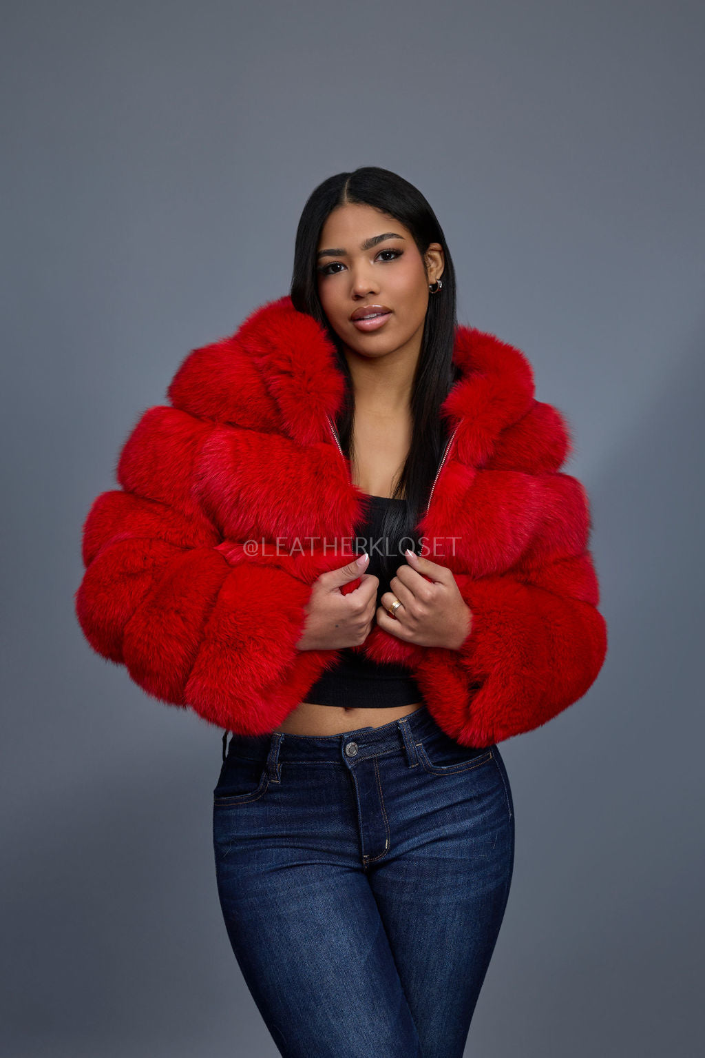 Women's Crop Fox Bomber With Hood [Red]
