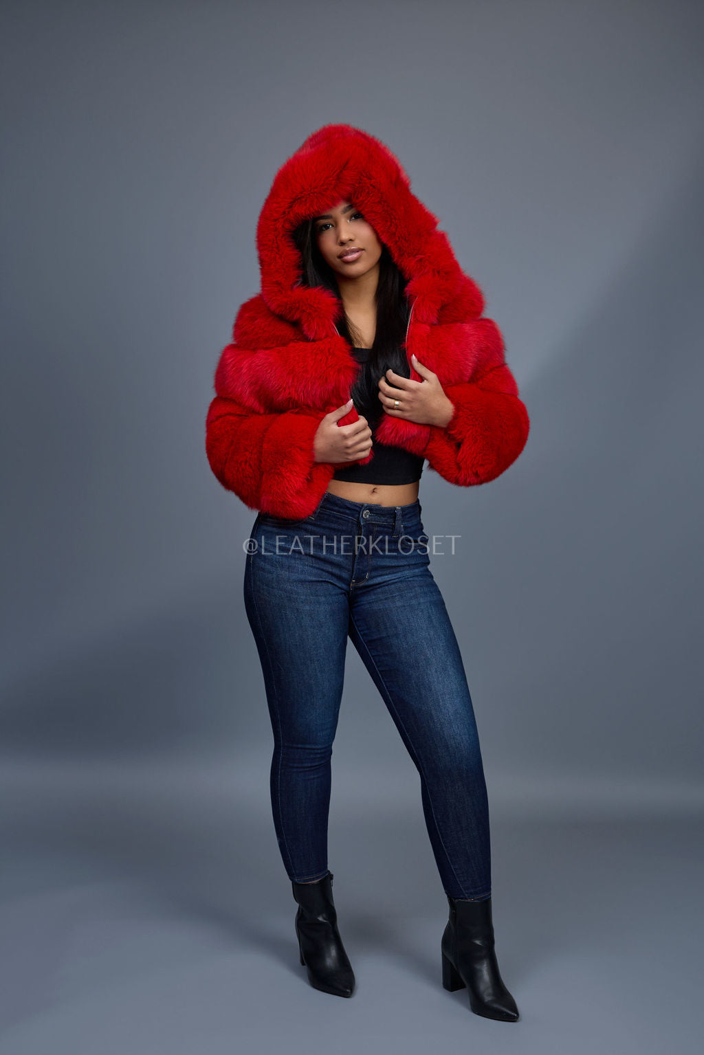 Women's Crop Fox Bomber With Hood [Red]