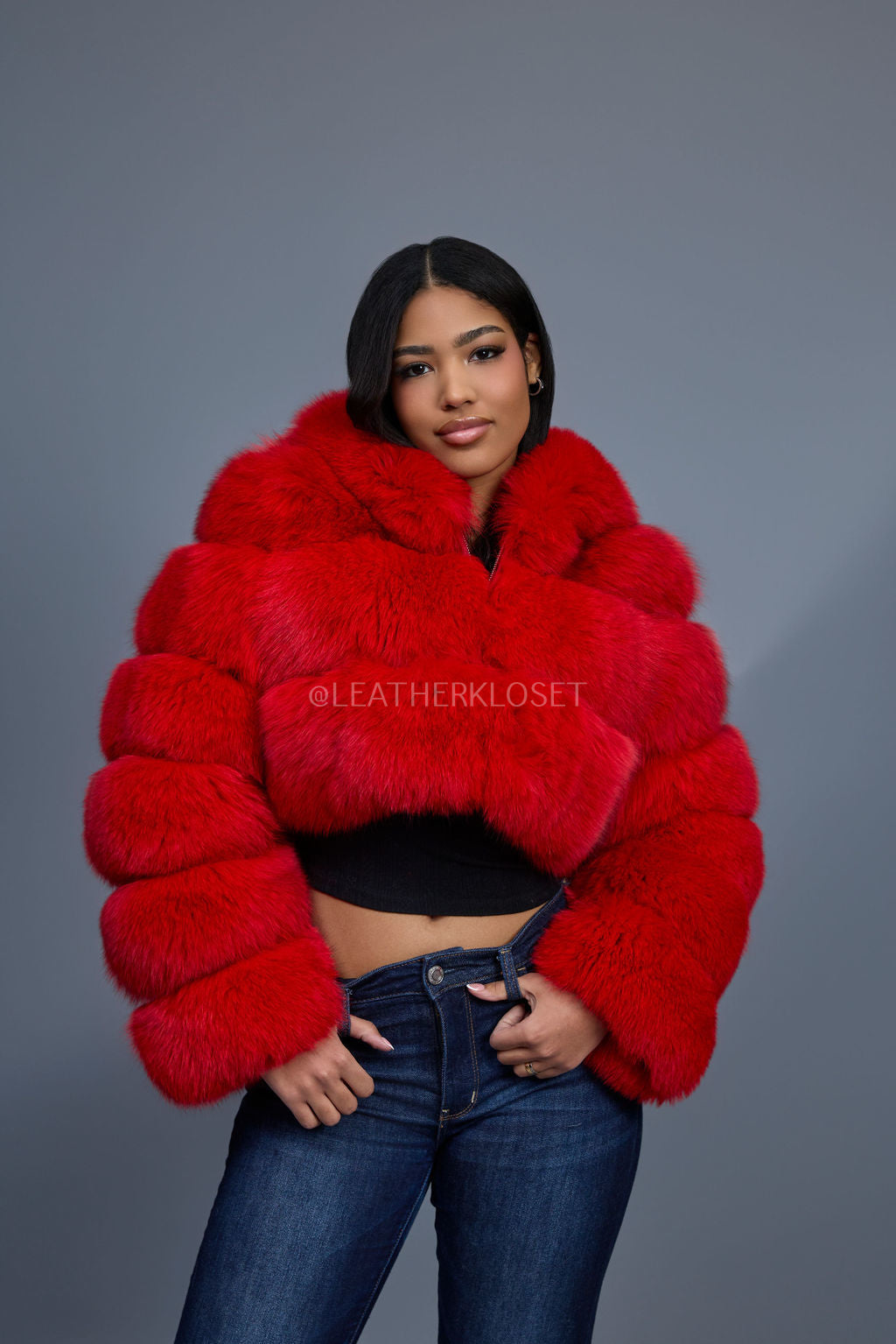Women's Crop Fox Bomber With Hood [Red]