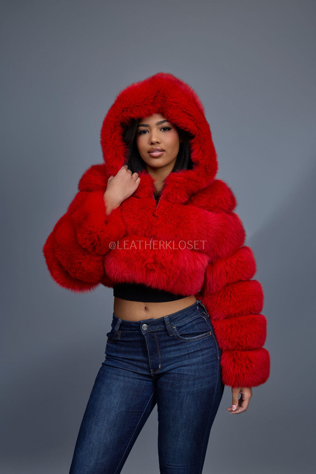 Women's Crop Fox Bomber With Hood [Red]