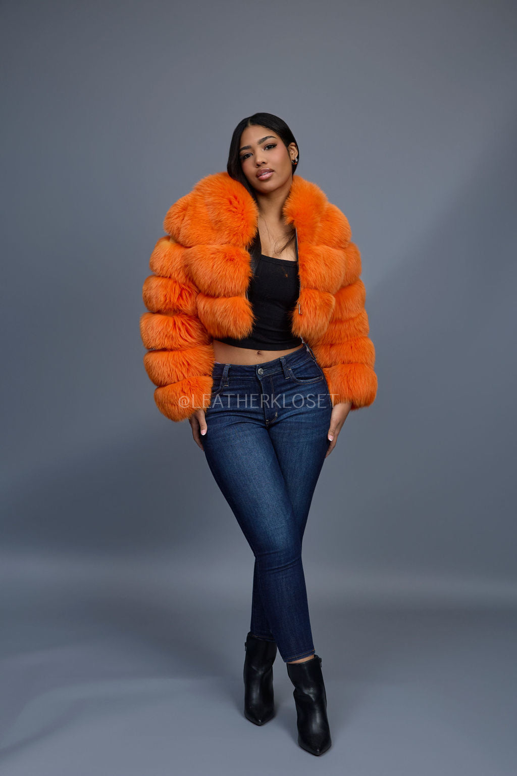 Women's Crop Fox Bomber With Hood [Bright Orange]
