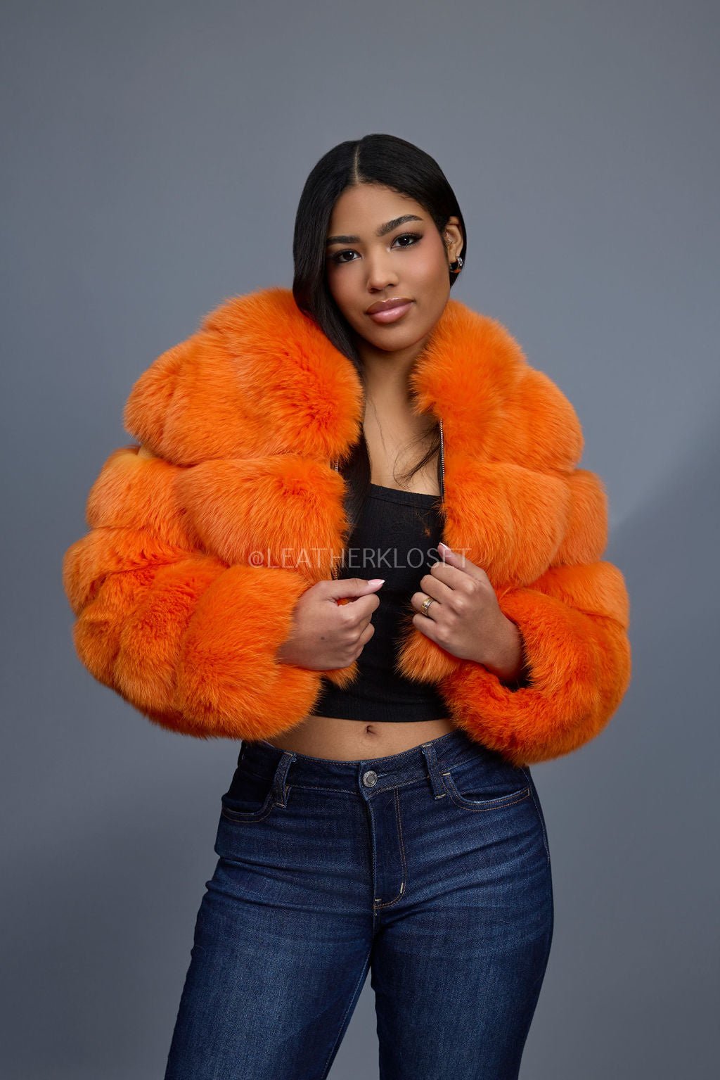 Women's Crop Fox Bomber With Hood [Bright Orange]