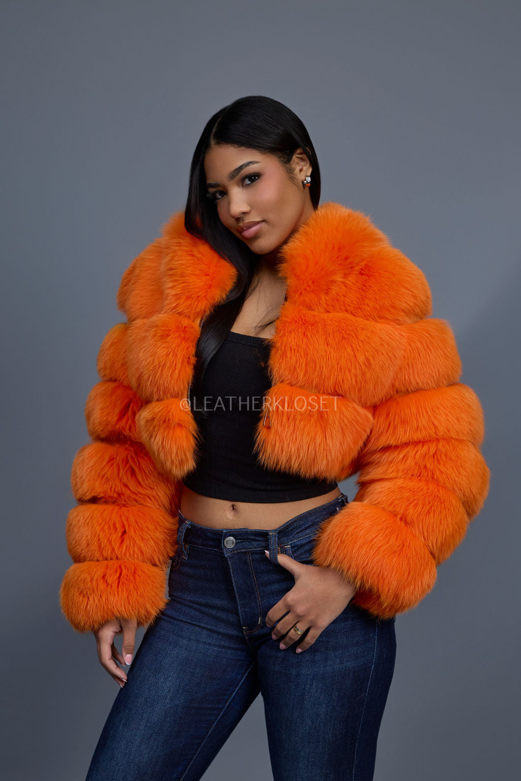 Women's Crop Fox Bomber With Hood [Bright Orange]