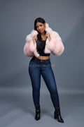 Women's Crop Fox Bomber With Hood [Baby Pink]