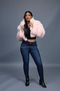 Women's Crop Fox Bomber With Hood [Baby Pink]