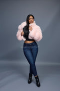 Women's Crop Fox Bomber With Hood [Baby Pink]