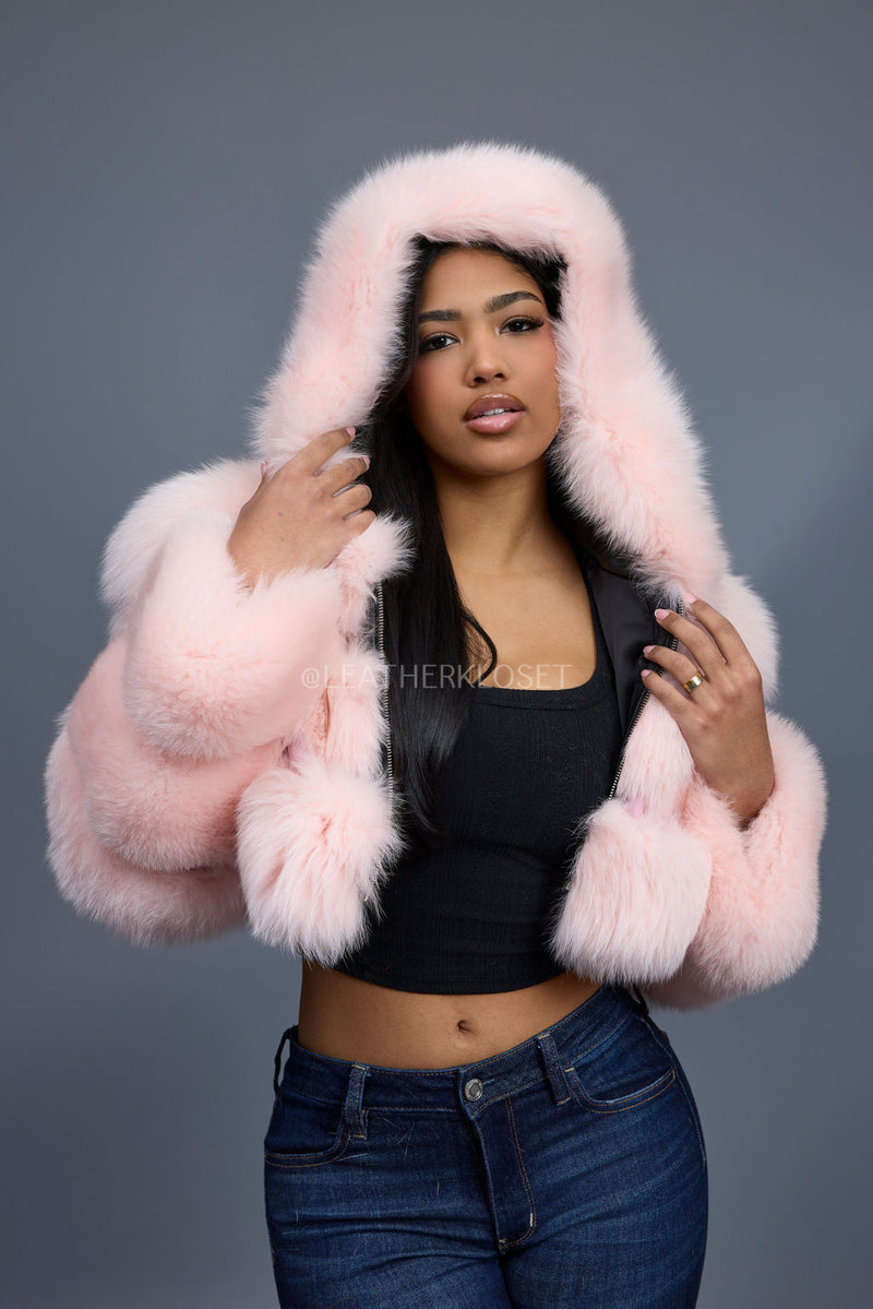 Women's Crop Fox Bomber With Hood [Baby Pink]