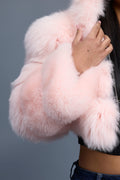 Women's Crop Fox Bomber With Hood [Baby Pink]