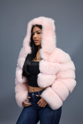 Women's Crop Fox Bomber With Hood [Baby Pink]