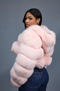 Women's Crop Fox Bomber With Hood [Baby Pink]