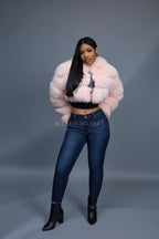 Women's Crop Fox Bomber With Hood [Baby Pink]