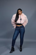 Women's Crop Fox Bomber With Hood [Baby Pink]