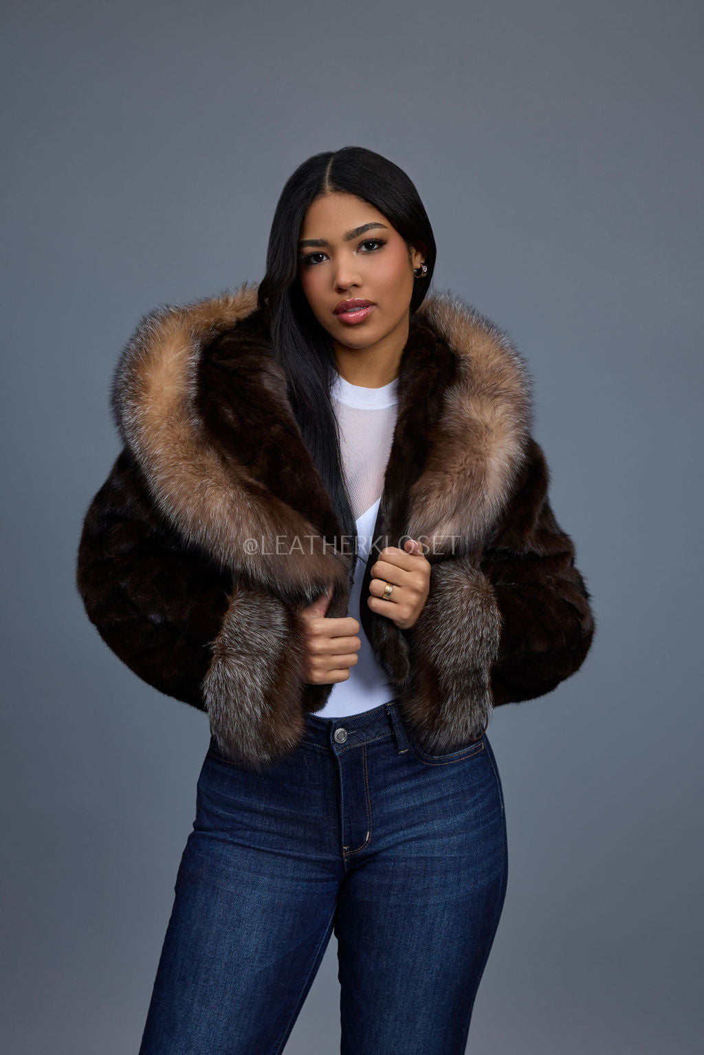 Women's Crop Mink Bomber With Hood [Brown]