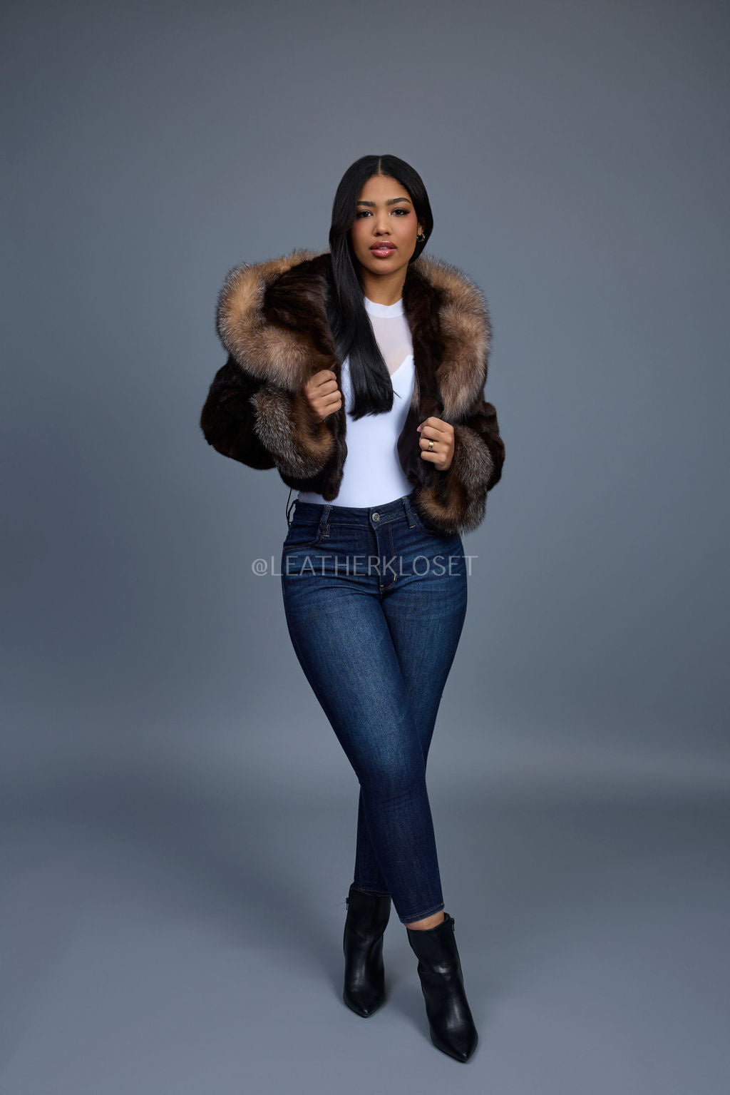 Women's Crop Mink Bomber With Hood [Brown]
