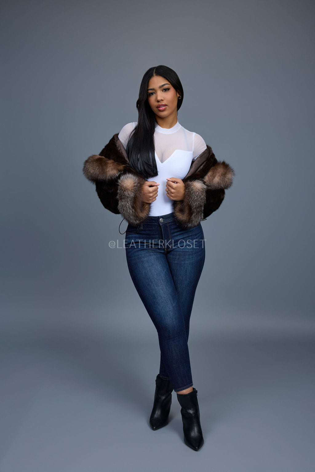 Women's Crop Mink Bomber With Hood [Brown]