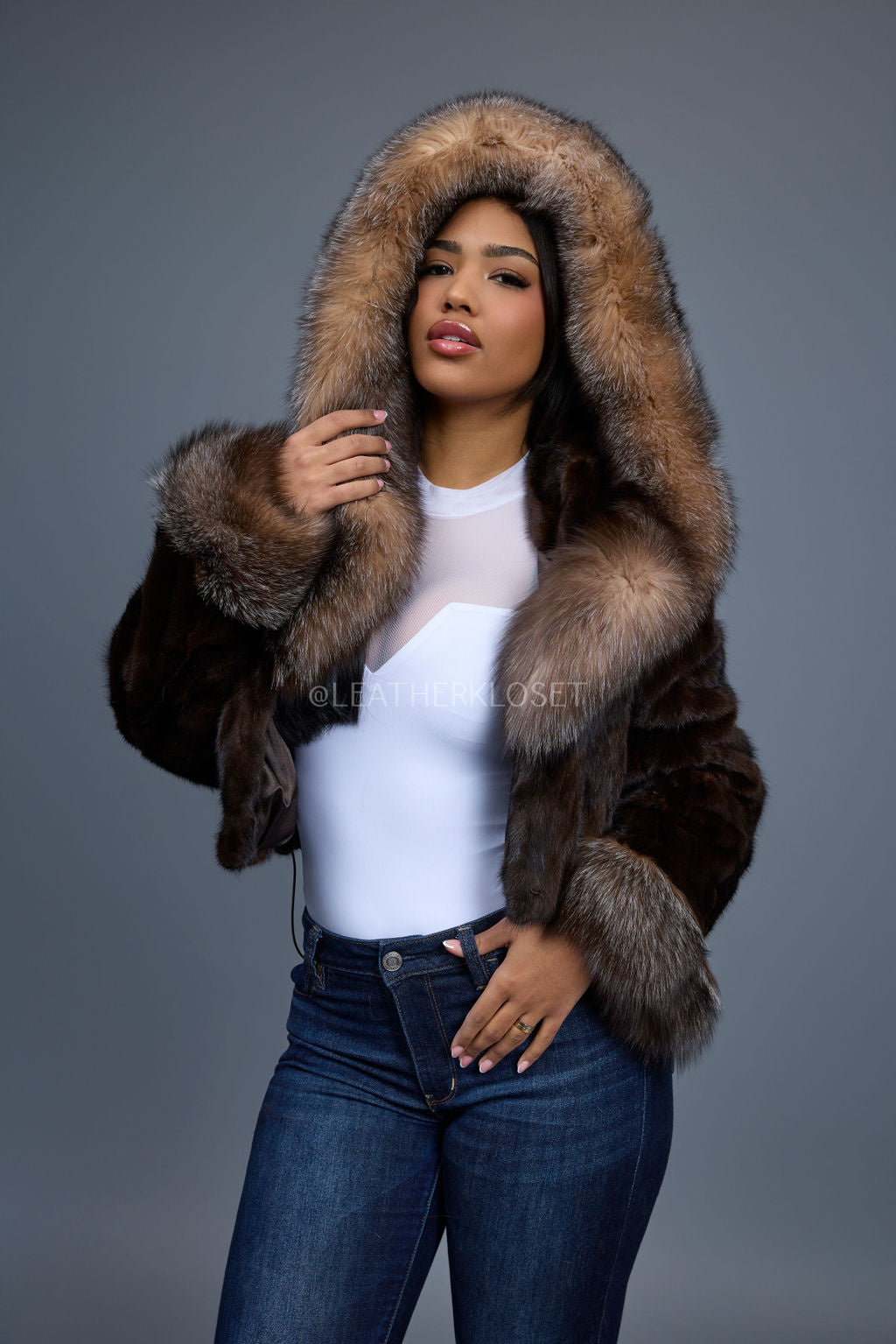 Women's Crop Mink Bomber With Hood [Brown]