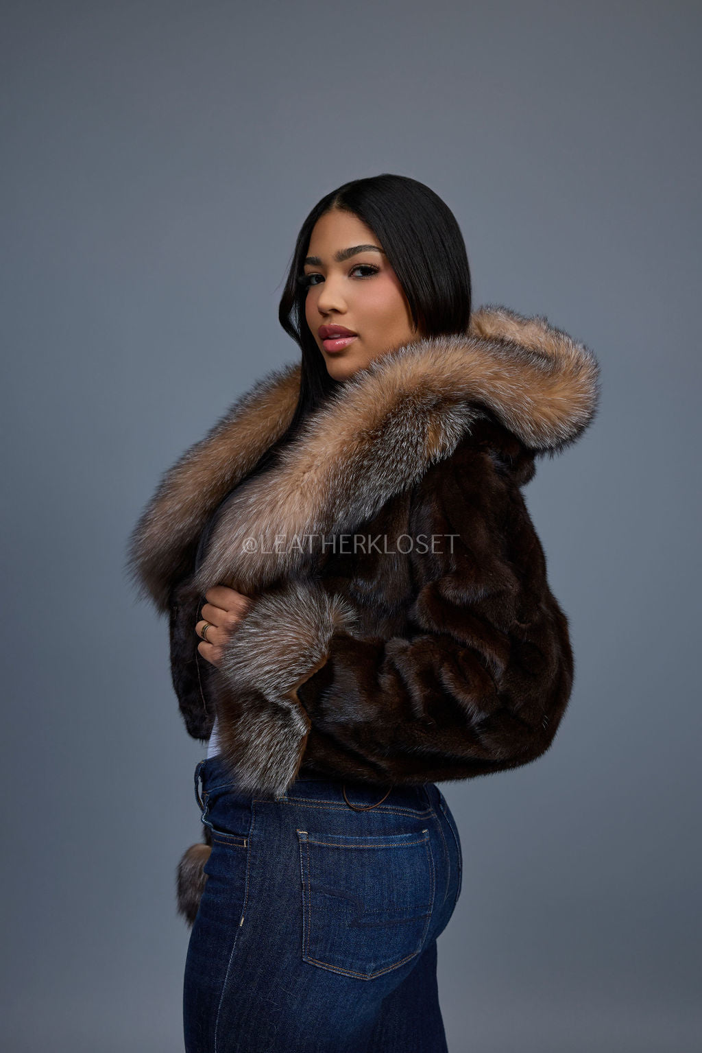 Women's Crop Mink Bomber With Hood [Brown]