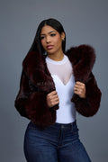 Women's Crop Mink Bomber With Hood [Burgundy]