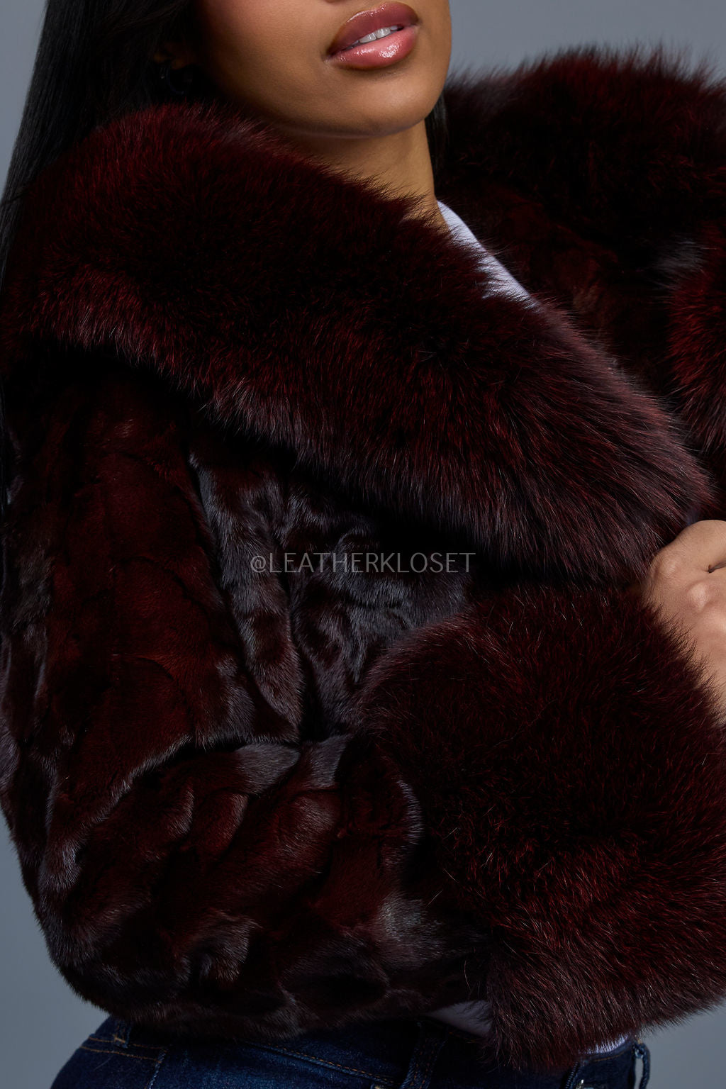 Women's Crop Mink Bomber With Hood [Burgundy]