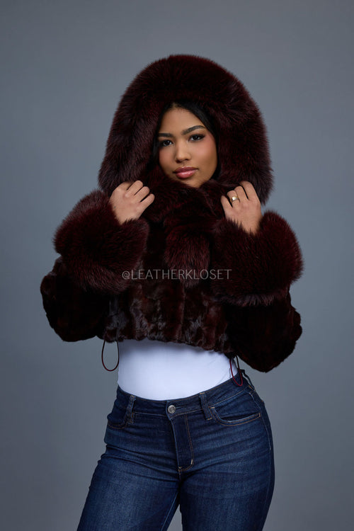 Women's Crop Mink Bomber With Hood [Burgundy]