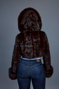 Women's Crop Mink Bomber With Hood [Burgundy]