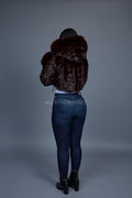 Women's Crop Mink Bomber With Hood [Burgundy]