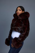 Women's Crop Mink Bomber With Hood [Burgundy]