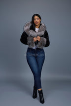 Women's Crop Mink Bomber With Hood [Black/Silver]