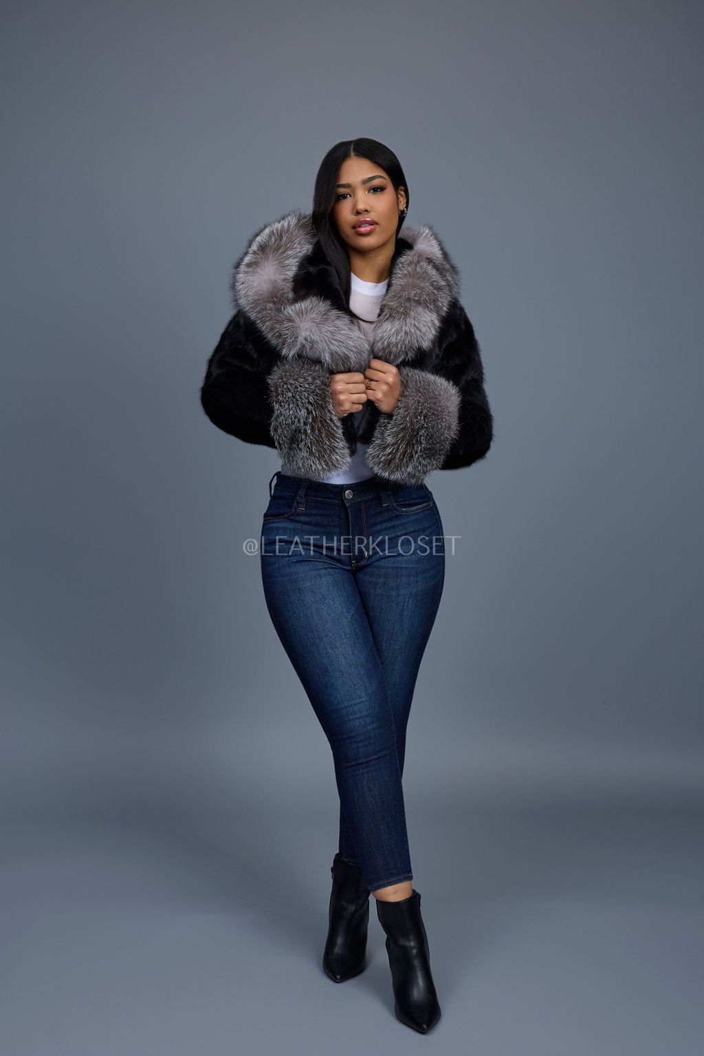 Women's Crop Mink Bomber With Hood [Black/Silver]
