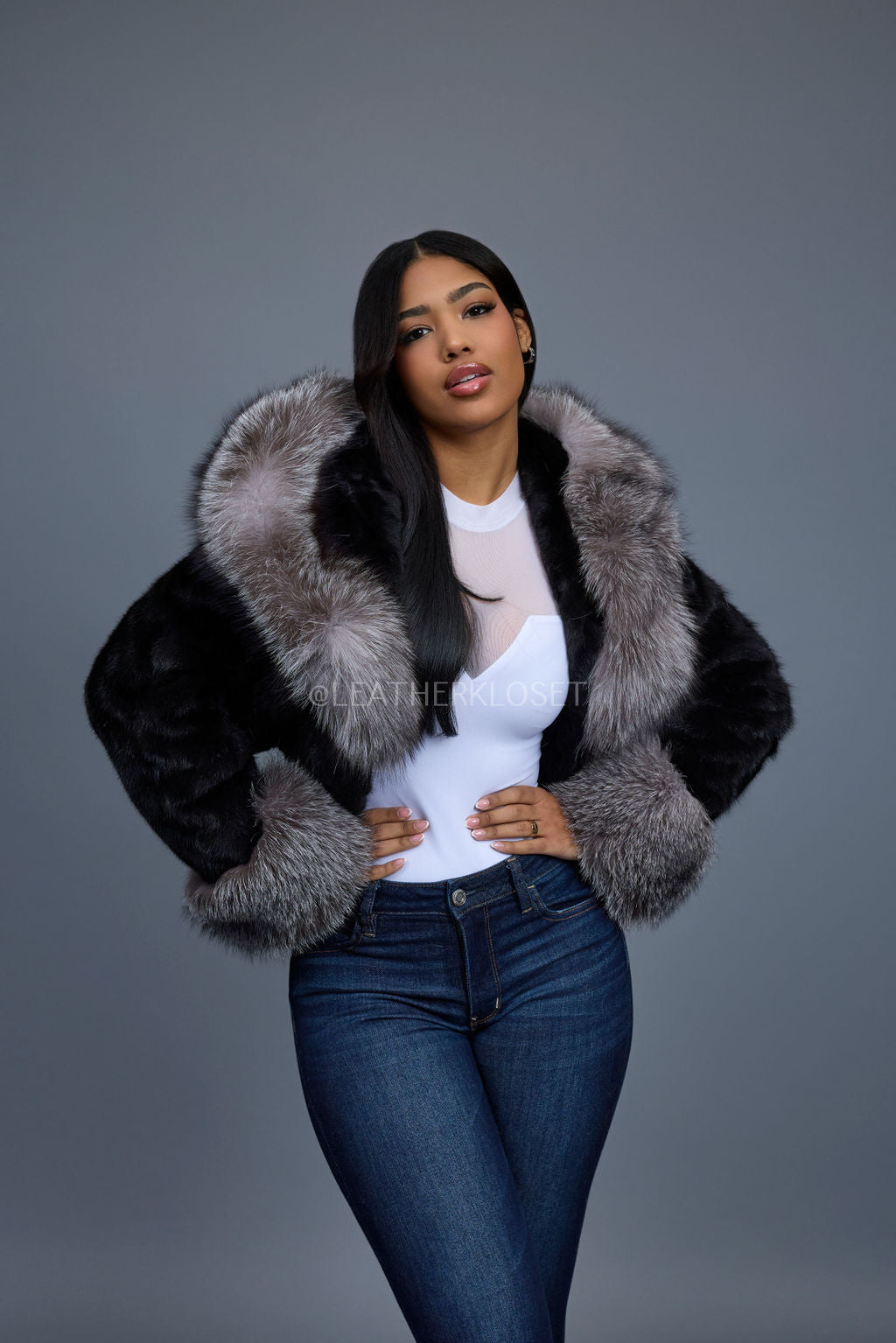 Women's Crop Mink Bomber With Hood [Black/Silver]