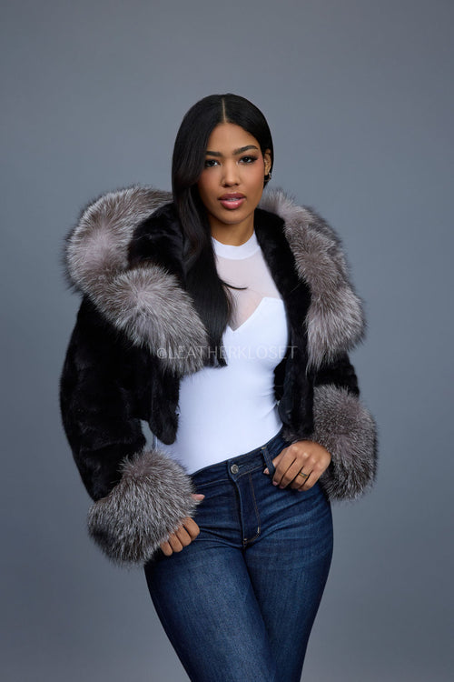 Women's Crop Mink Bomber With Hood [Black/Silver]