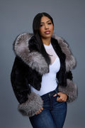 Women's Crop Mink Bomber With Hood [Black/Silver]